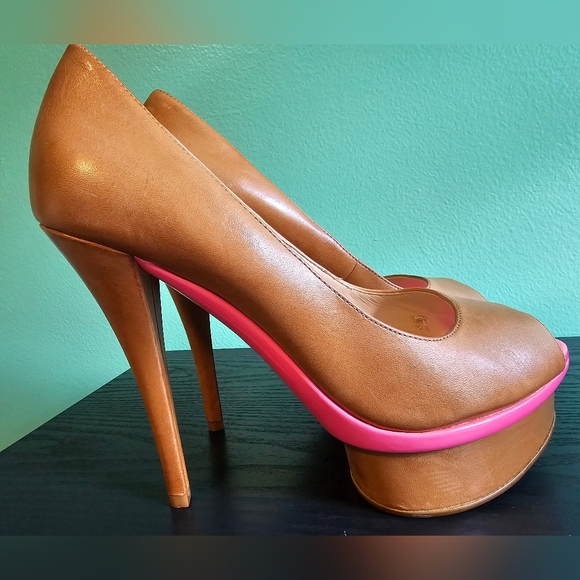 Enzo Angiolini Tan Leather Upper Platform Heels with Pink Accent Women's Size 7 - Picture 1 of 16